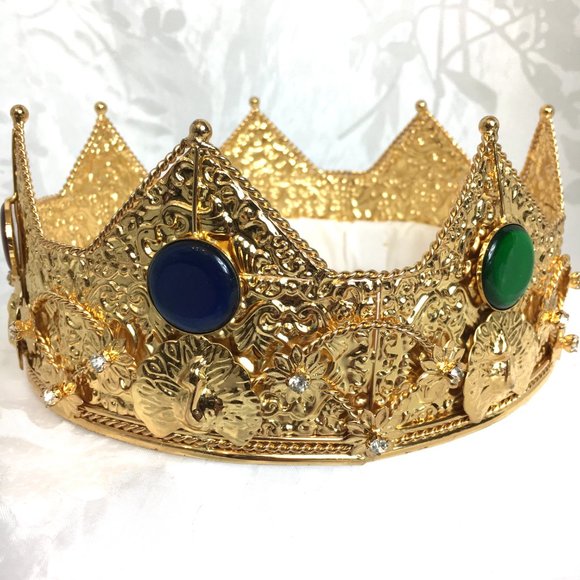 King Queen Gold Crown Rhinestones Faux Jewels on Gold Metal Band NWOT main image 7
